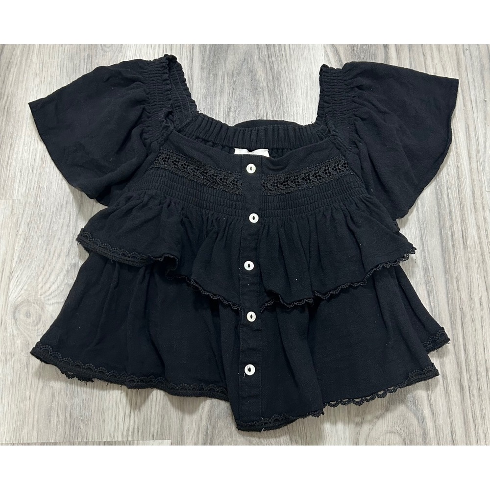 Allie Rose Black Linen Blend Smocked Peplum Ruffle Button Front Blouse Medium